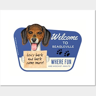 Cute Beagle dog holding sign in Beagleville, USA Posters and Art